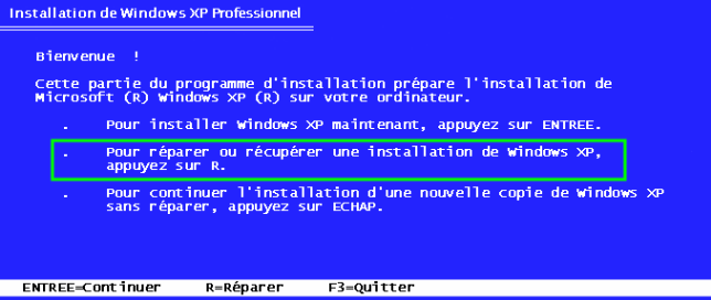 Appuyez sur une touche lorsque vous y êtes invité pour démarrer à partir du CD.
Sélectionnez l'option R pour accéder à la console de récupération.