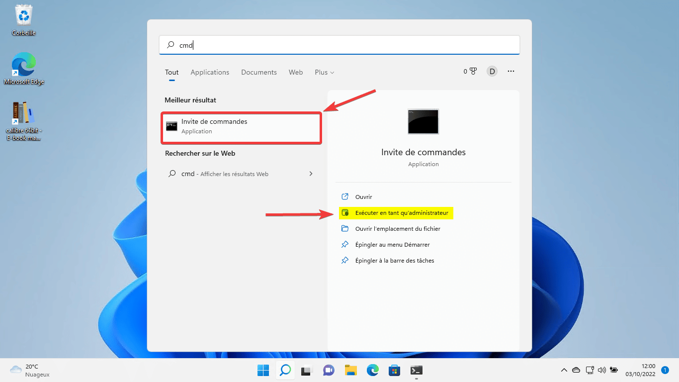 Cliquez sur le bouton Démarrer de Windows et tapez cmd dans la barre de recherche. Cliquez avec le bouton droit sur cmd et sélectionnez Exécuter en tant qu'administrateur.
Dans la fenêtre de commande, tapez sfc /scannow et appuyez sur Entrée. Ce processus vérifiera les fichiers système de Windows et les réparera si nécessaire.