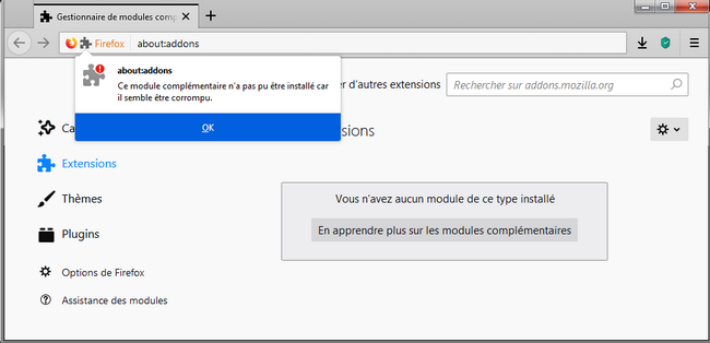 Décochez toutes les cases des modules complémentaires répertoriés.
Cliquez sur OK pour confirmer la désactivation des modules complémentaires.