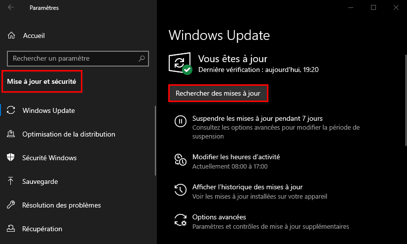 Vérifiez si des mises à jour sont disponibles pour Windows 10 en cliquant sur le bouton Démarrer, puis en sélectionnant Paramètres et enfin Mise à jour et sécurité.
Si des mises à jour sont disponibles, téléchargez-les et installez-les.
