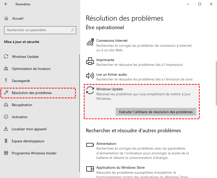 Cliquez sur Windows Update dans la liste des problèmes.
Suivez les instructions de l'utilitaire de résolution des problèmes.